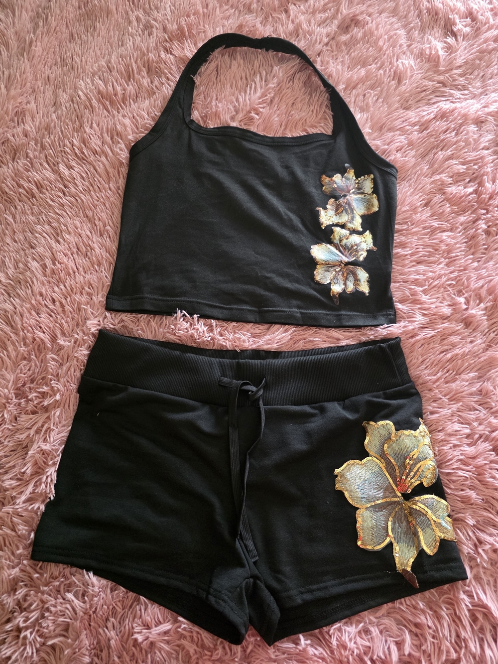 SHEIN Black Halter Floral Embroidered Crop Top & Shorts Set